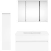 Moderne Badkombination mit Spiegelschrank, Waschbeckenunterschrank und hohem Schrank, frontal abgebildet.