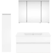 Moderne Badkombination mit Spiegelschrank, Waschbeckenunterschrank und hohem Schrank, frontal abgebildet.