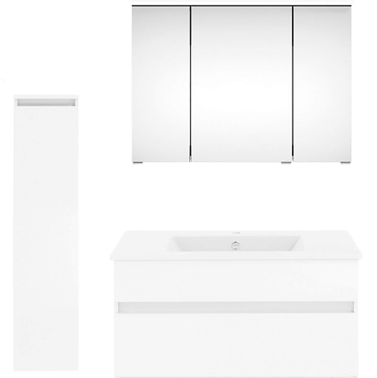 Moderne Badkombination mit Spiegelschrank, Waschbeckenunterschrank und hohem Schrank, frontal abgebildet.