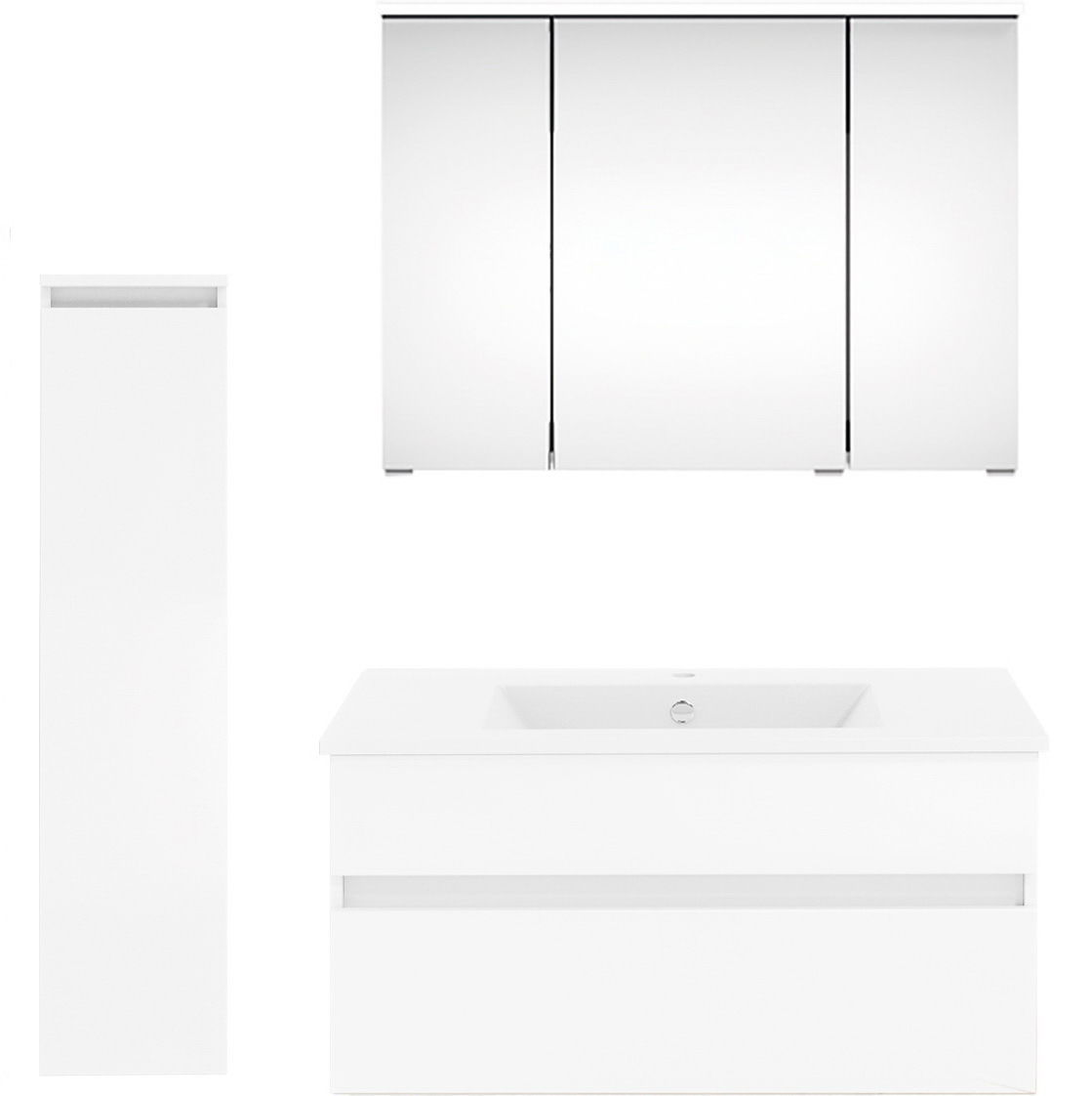 Moderne Badkombination mit Spiegelschrank, Waschbeckenunterschrank und hohem Schrank, frontal abgebildet.