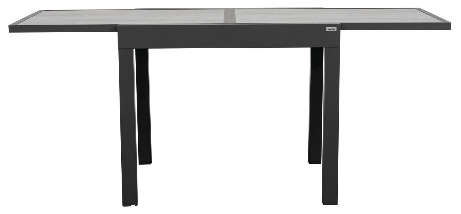 Moderner Gartentisch mit rechteckiger Tischplatte und stabilen Metallbeinen, seitliche Perspektive.