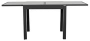 Moderner Gartentisch mit rechteckiger Tischplatte und stabilen Metallbeinen, seitliche Perspektive.