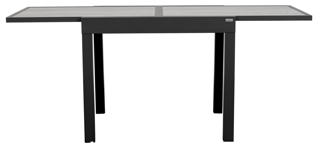 Moderner Gartentisch mit rechteckiger Tischplatte und stabilen Metallbeinen, seitliche Perspektive.