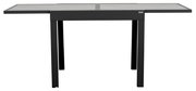 Moderner Gartentisch mit rechteckiger Tischplatte und stabilen Metallbeinen, seitliche Perspektive.