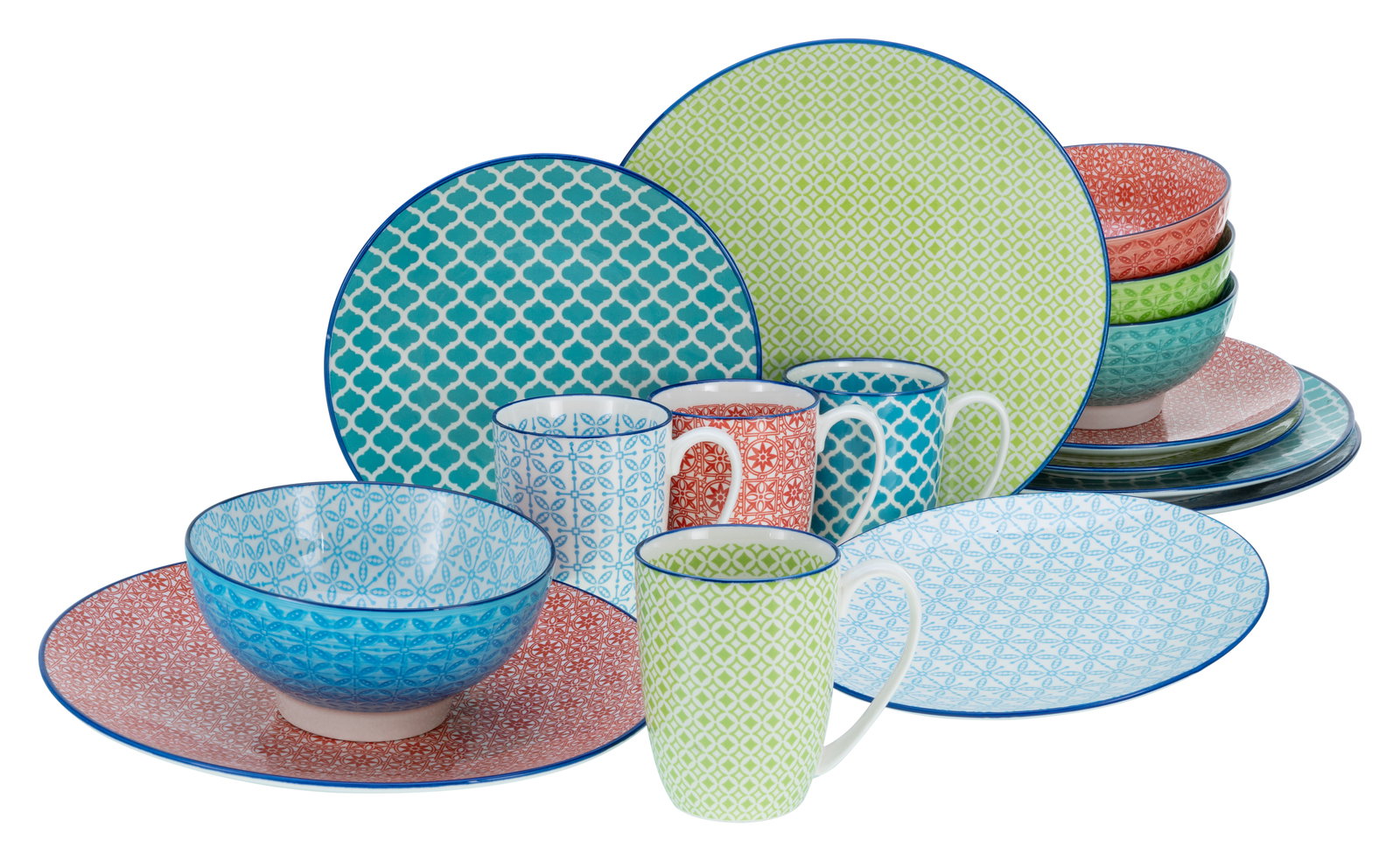 Buntes 16-teiliges Kombiservice mit verschiedenen Mustern und Farben, bestehend aus Tellern, Schalen und Tassen, aus einer leicht seitlichen Perspektive fotografiert.