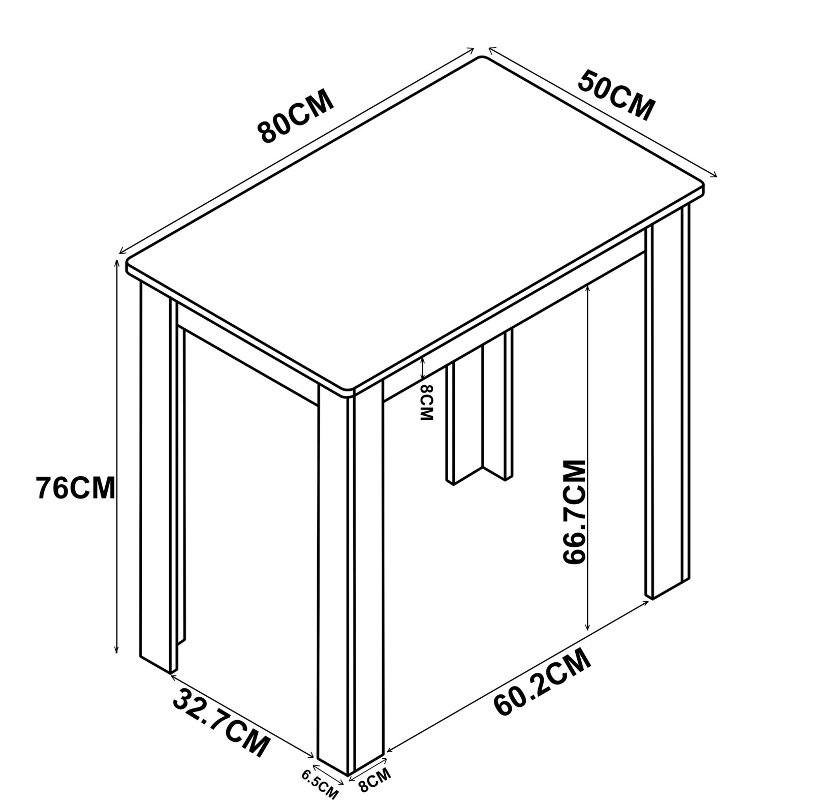 VCM Esstisch ESAL Technische Strichzeichnung eines rechteckigen Tisches mit Maßangaben (Tischplatte 80 x 50 cm, Höhe ca. 76 cm), dargestellt in schräger Perspektive von oben/vorne.