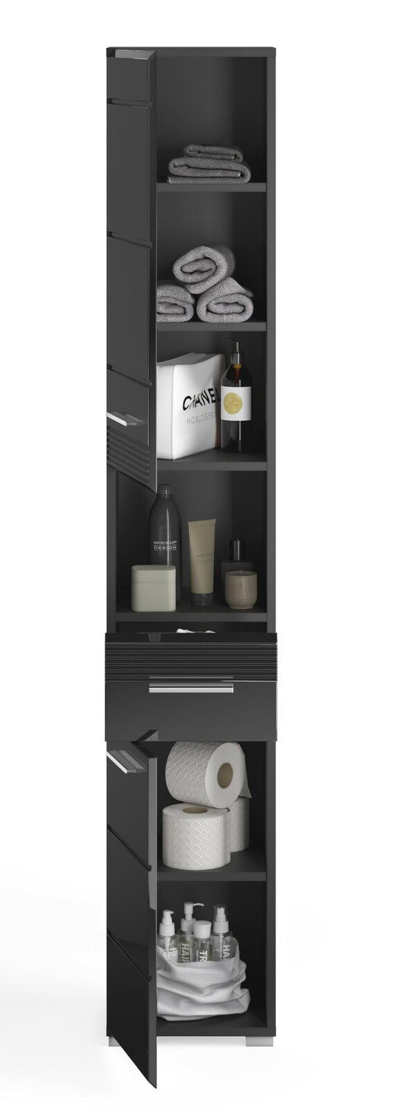 Hochschrank in schwarzer Farbe mit mehreren offenen Fächern, gefüllt mit Handtüchern, Toilettenartikeln und Haushaltsgegenständen. Frontalansicht.
