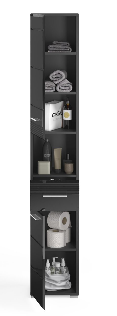 Hochschrank in schwarzer Farbe mit mehreren offenen Fächern, gefüllt mit Handtüchern, Toilettenartikeln und Haushaltsgegenständen. Frontalansicht.