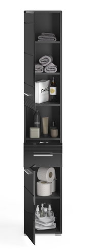 Hochschrank in schwarzer Farbe mit mehreren offenen Fächern, gefüllt mit Handtüchern, Toilettenartikeln und Haushaltsgegenständen. Frontalansicht.