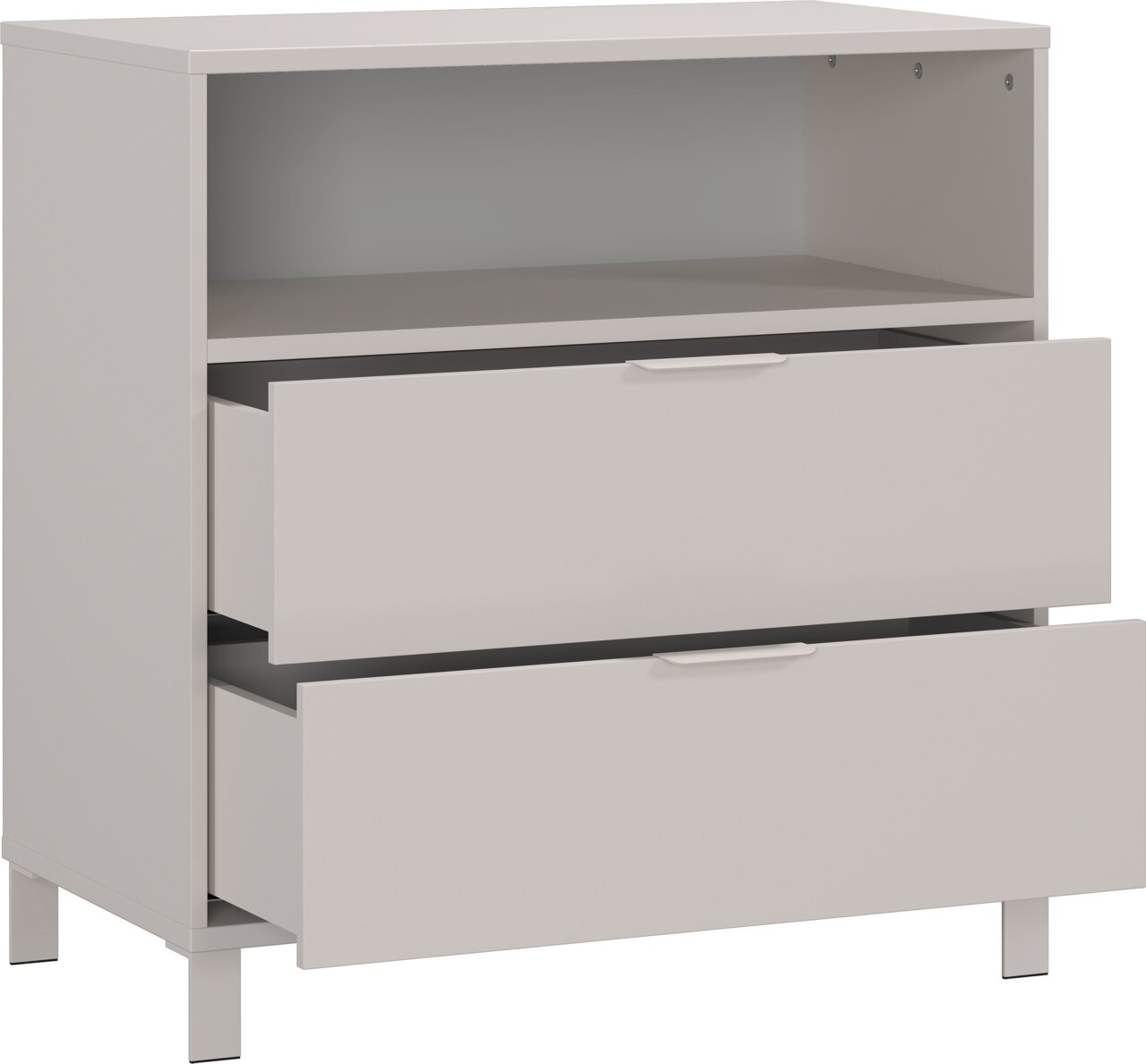 Weiße Kommode mit zwei offenen Schubladen, seitliche Perspektive
