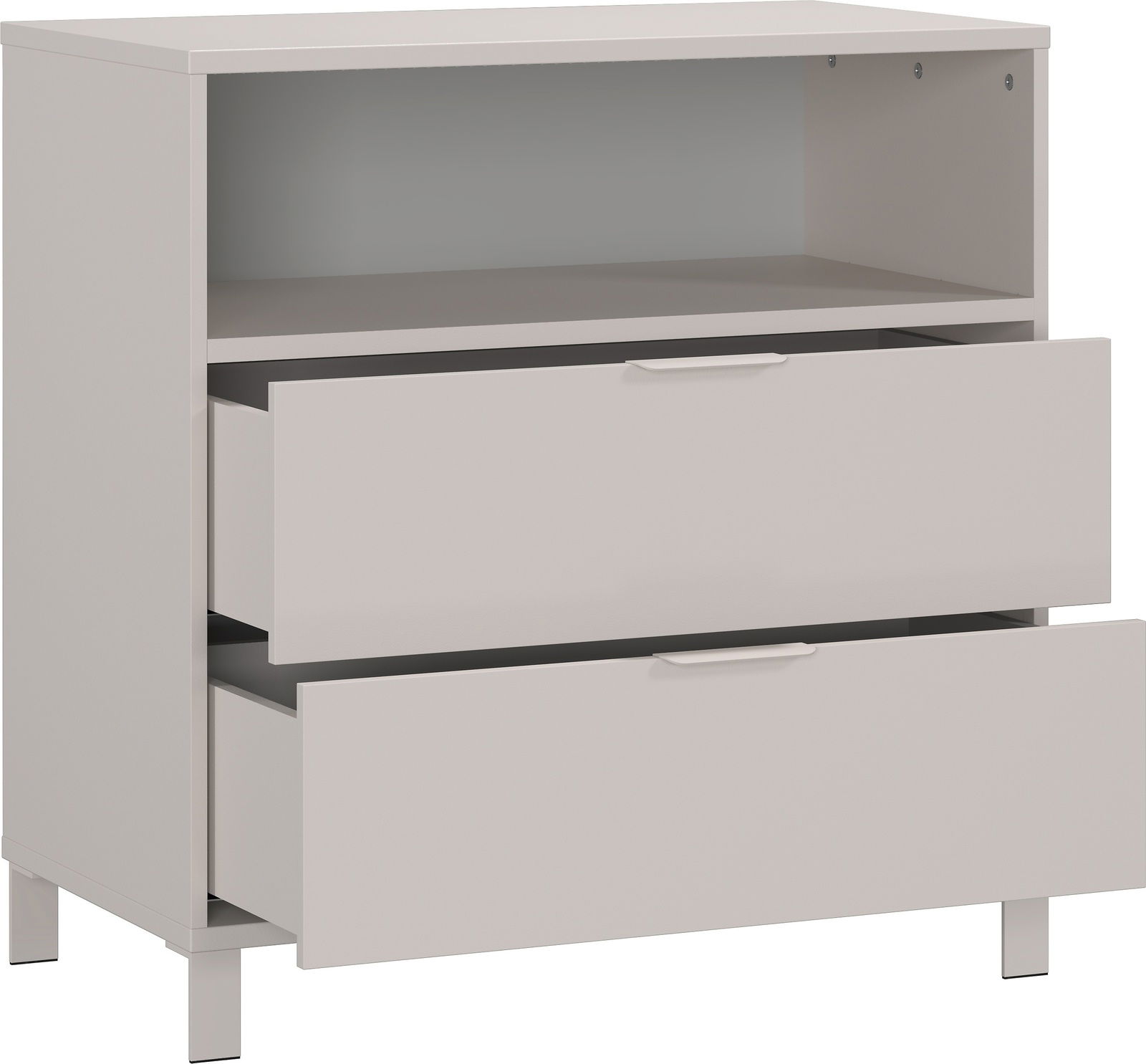 Weiße Kommode mit zwei offenen Schubladen, seitliche Perspektive