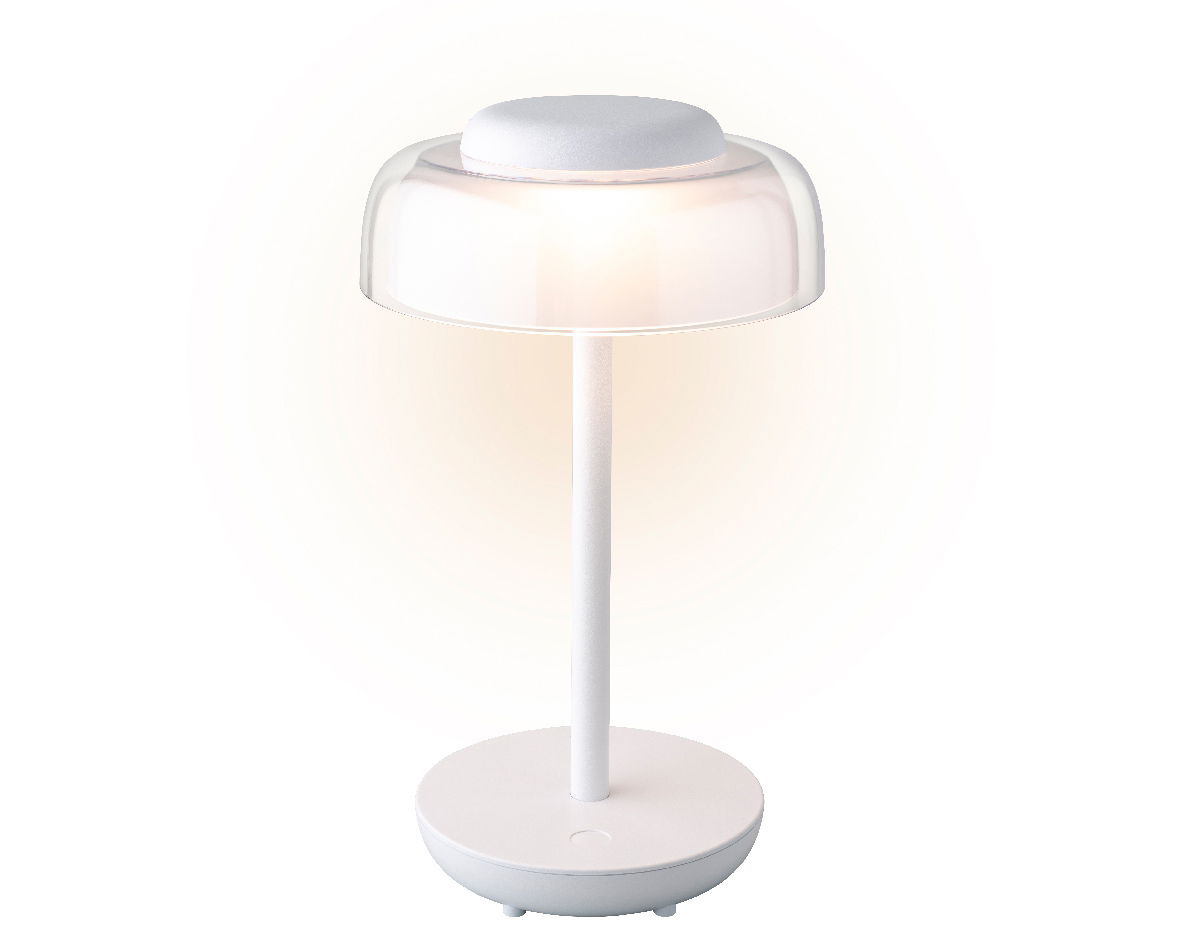 Moderne LED Tischleuchte in Weiß, seitliche Perspektive