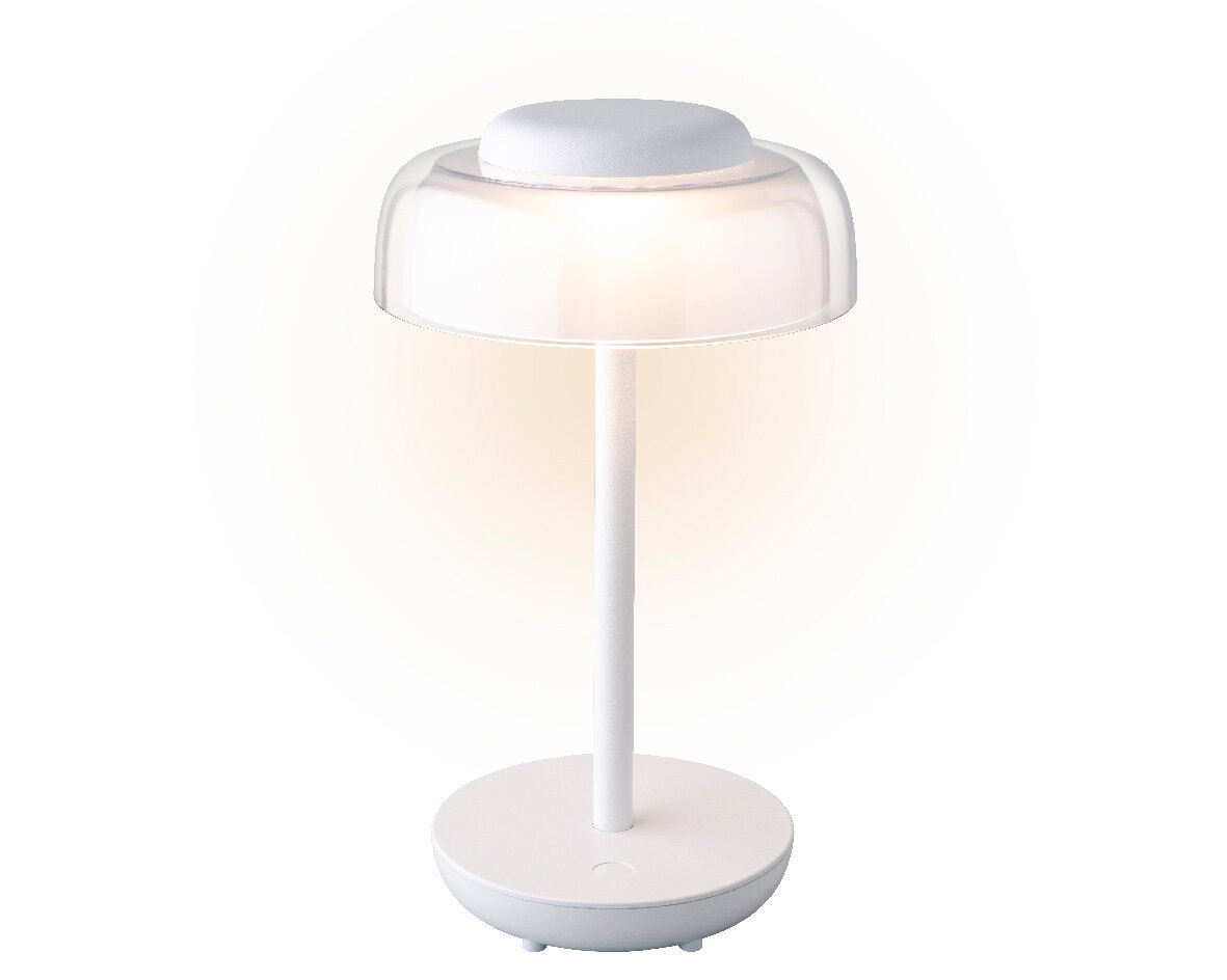 Moderne LED Tischleuchte in Weiß, seitliche Perspektive