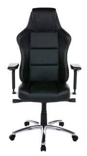 Schwarzer Gaming Stuhl mit ergonomischem Design, verstellbaren Armlehnen und stabiler Metallbasis, Frontalansicht.