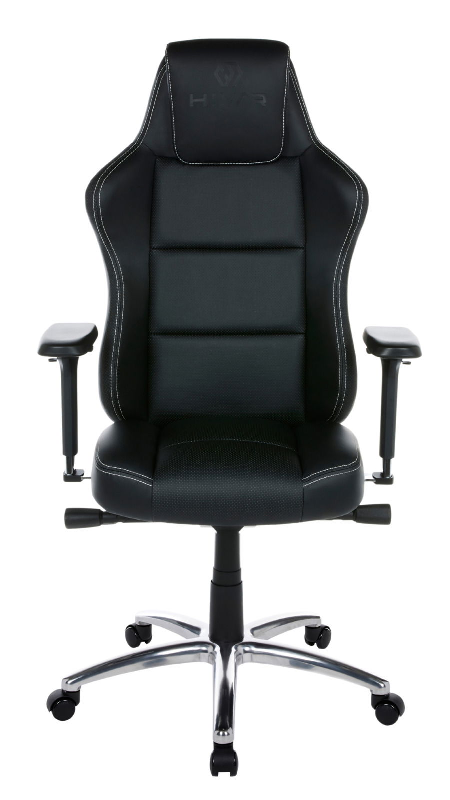 Schwarzer Gaming Stuhl mit ergonomischem Design, verstellbaren Armlehnen und stabiler Metallbasis, Frontalansicht.