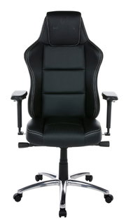 Schwarzer Gaming Stuhl mit ergonomischem Design, verstellbaren Armlehnen und stabiler Metallbasis, Frontalansicht.