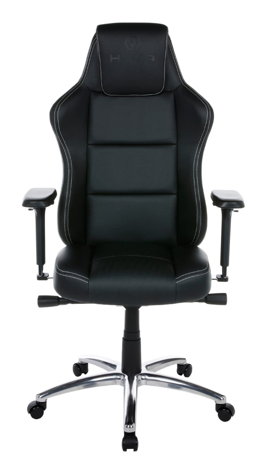 Schwarzer Gaming Stuhl mit ergonomischem Design, verstellbaren Armlehnen und stabiler Metallbasis, Frontalansicht.