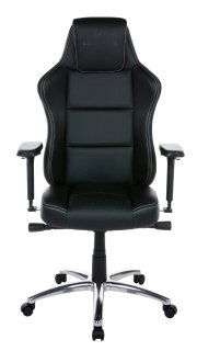 Schwarzer Gaming Stuhl mit ergonomischem Design, verstellbaren Armlehnen und stabiler Metallbasis, Frontalansicht.