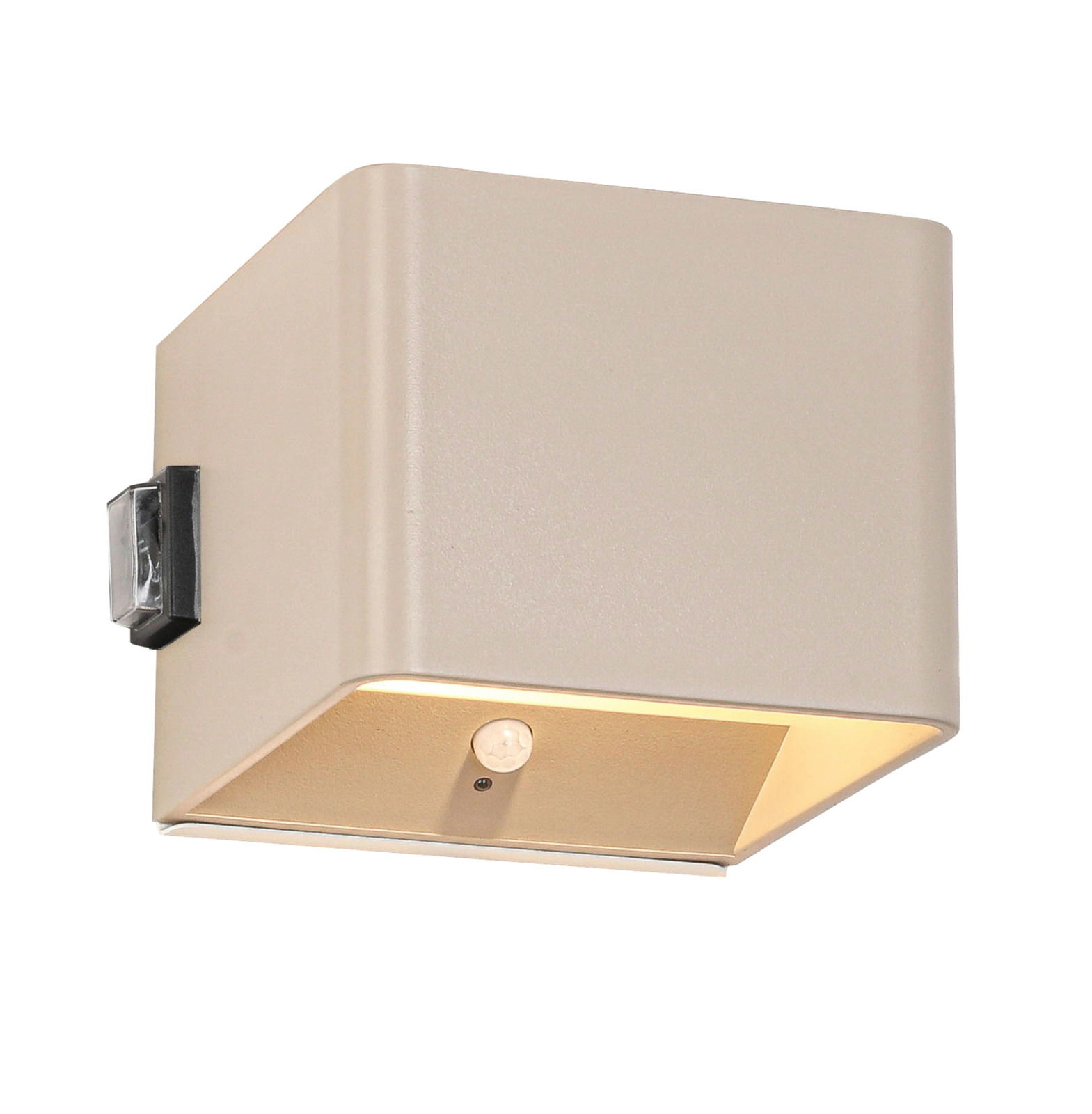 Moderne Akku-Wandleuchte in Beige, seitliche Perspektive