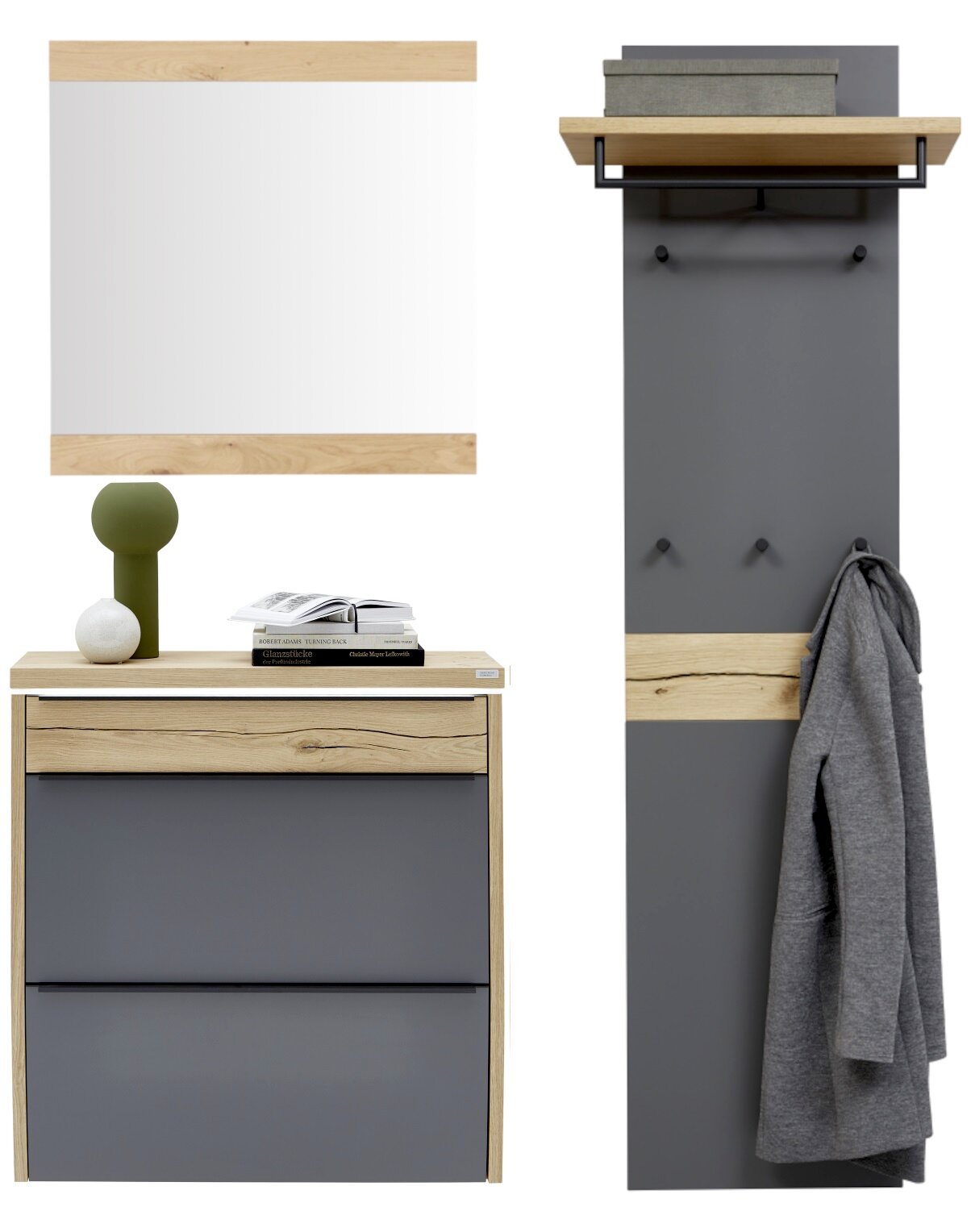 Moderne Garderoben-Kombination in Eiche und Anthrazit: links Schuhschrank mit Holzrahmen und zwei Klappen, oben Ablage mit Deko und Spiegel; rechts Garderobenpaneel mit Hutablage, Kleiderstange und Haken, Mantel hängt daran – Frontansicht.
