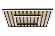 Moderne LED-Deckenleuchte mit Holz- und Metallelementen, perspektivisch von unten betrachtet.