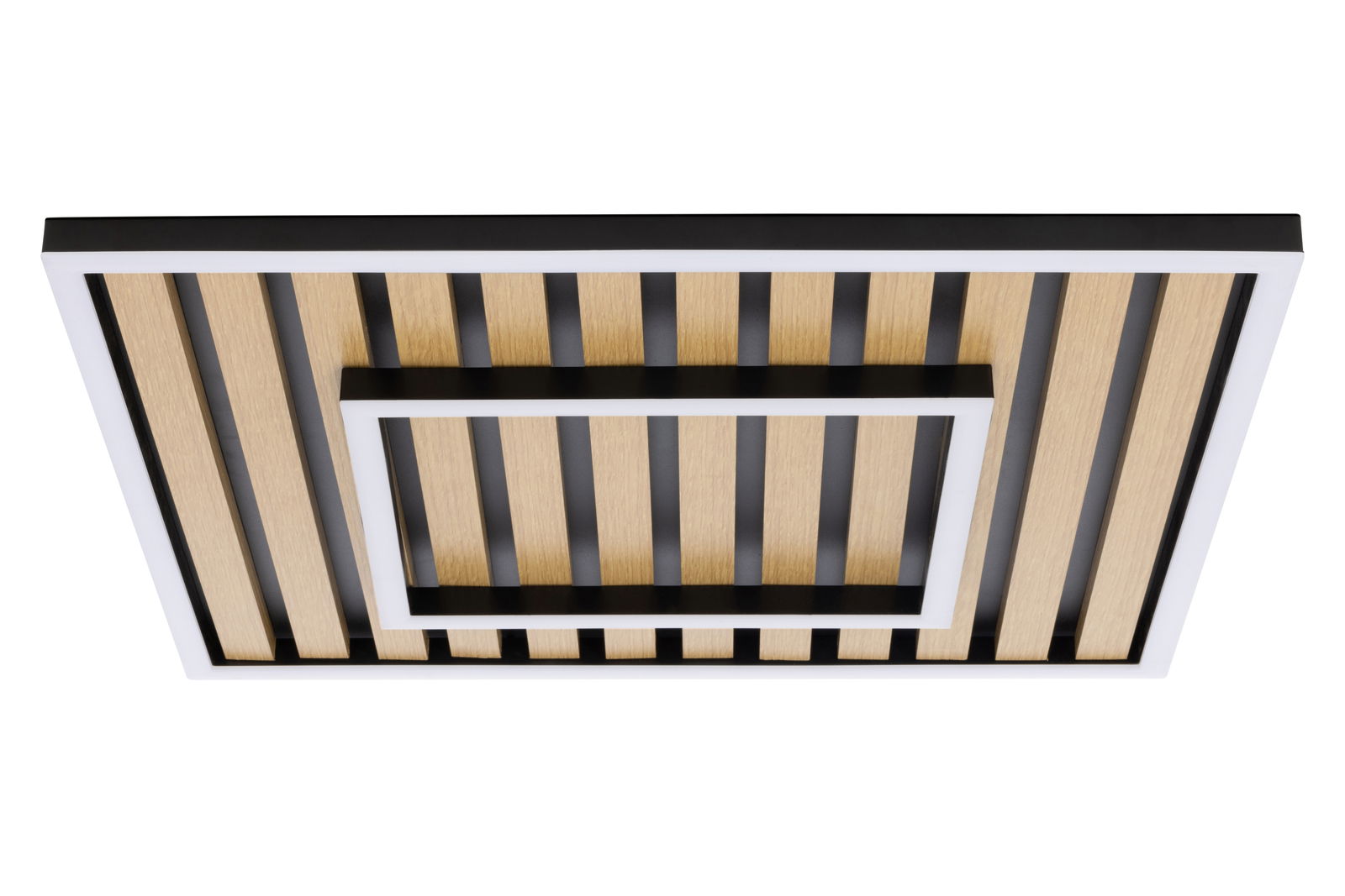 Moderne LED-Deckenleuchte mit Holz- und Metallelementen, perspektivisch von unten betrachtet.