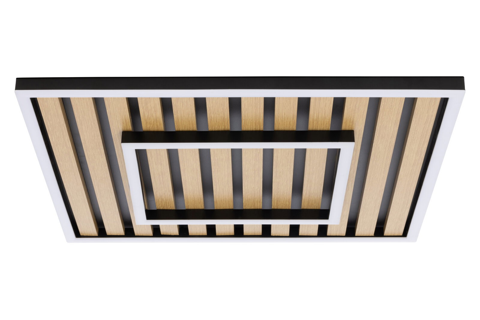 Novel LED-Deckenleuchte Moderne LED-Deckenleuchte mit Holz- und Metallelementen, perspektivisch von unten betrachtet.