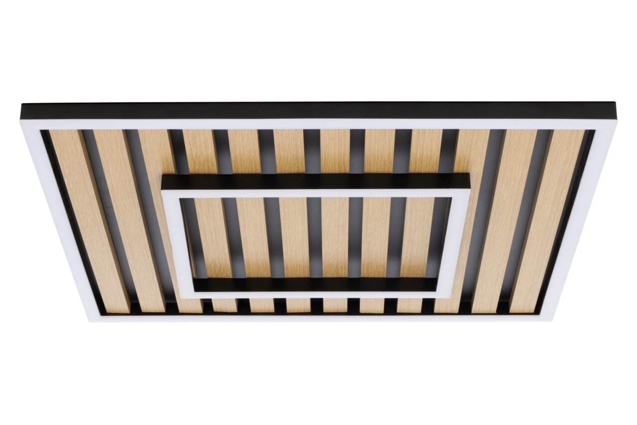 Novel LED-Deckenleuchte KAIRO Moderne LED-Deckenleuchte mit Holz- und Metallelementen, perspektivisch von unten betrachtet.