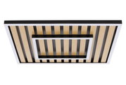 Moderne LED-Deckenleuchte mit Holz- und Metallelementen, perspektivisch von unten betrachtet.