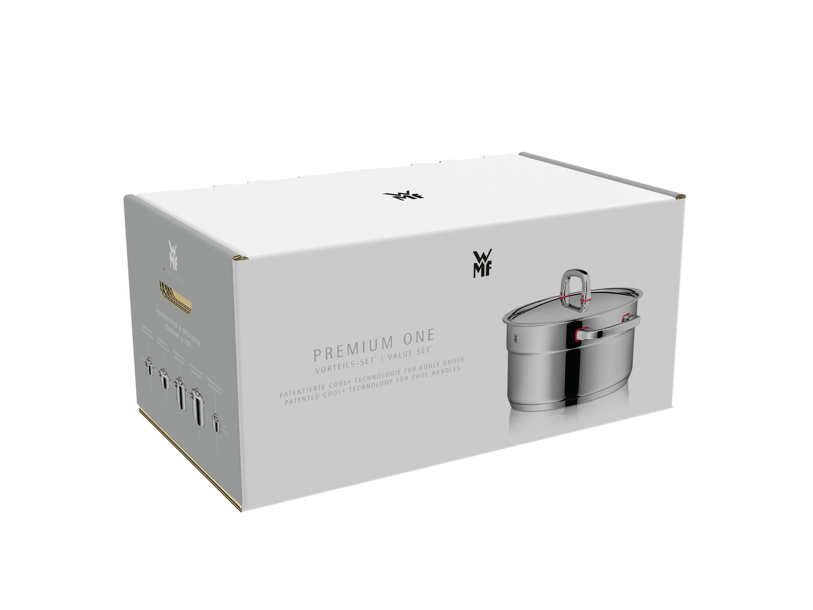 Verpackung des Topfsets Premium One 5-tlg. von schräg vorne, zeigt das Design und die patentierte Cool+ Technologie für kühle Griffe.