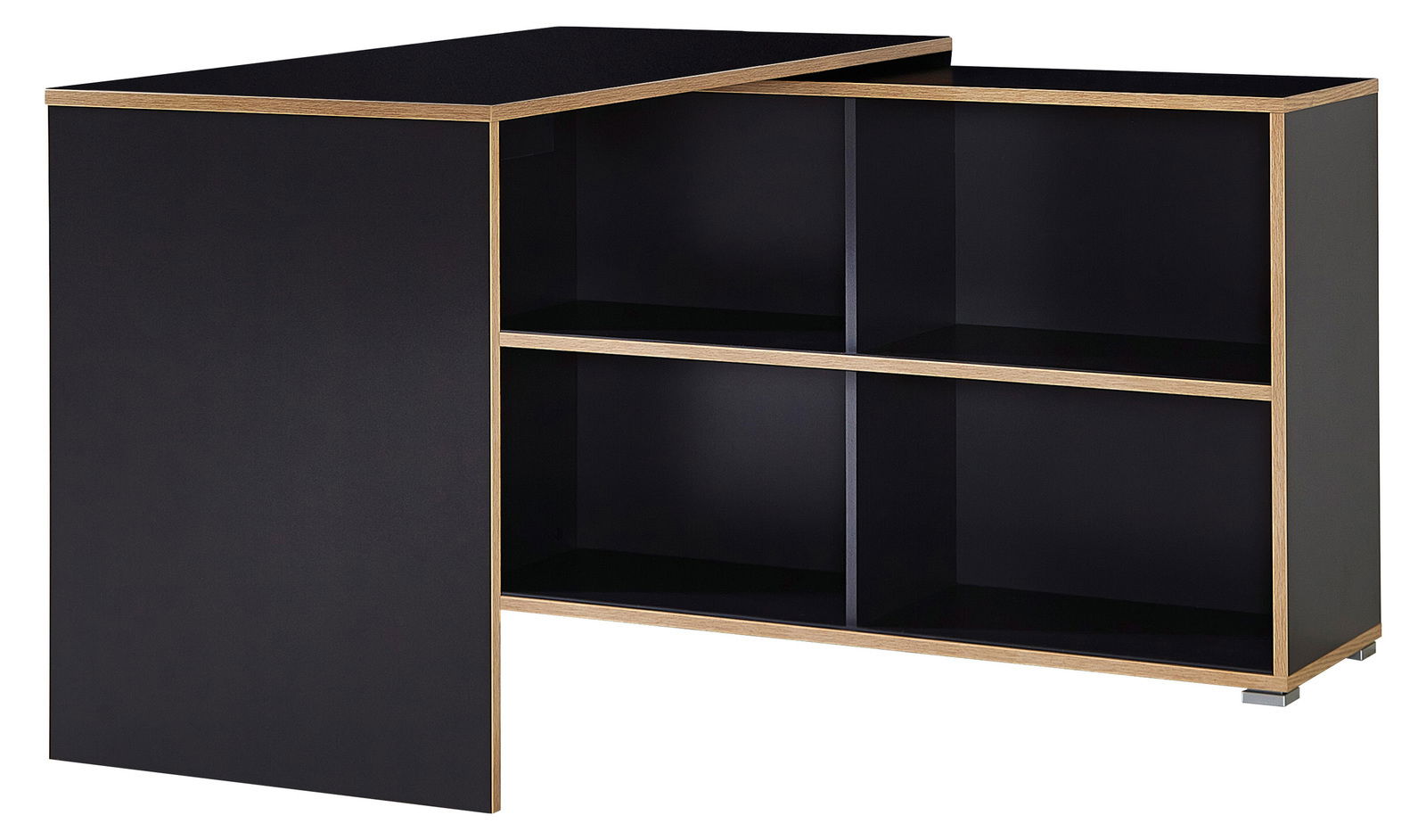 Moderner schwarzer Schreibtisch mit Holzrahmen und offenen Regalfächern, seitliche Perspektive