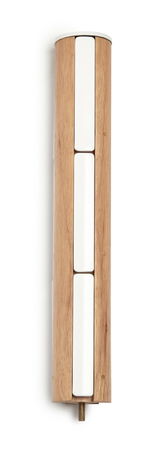 Vorderansicht eines modernen Garderobenständers aus Holz mit weißen Akzenten.