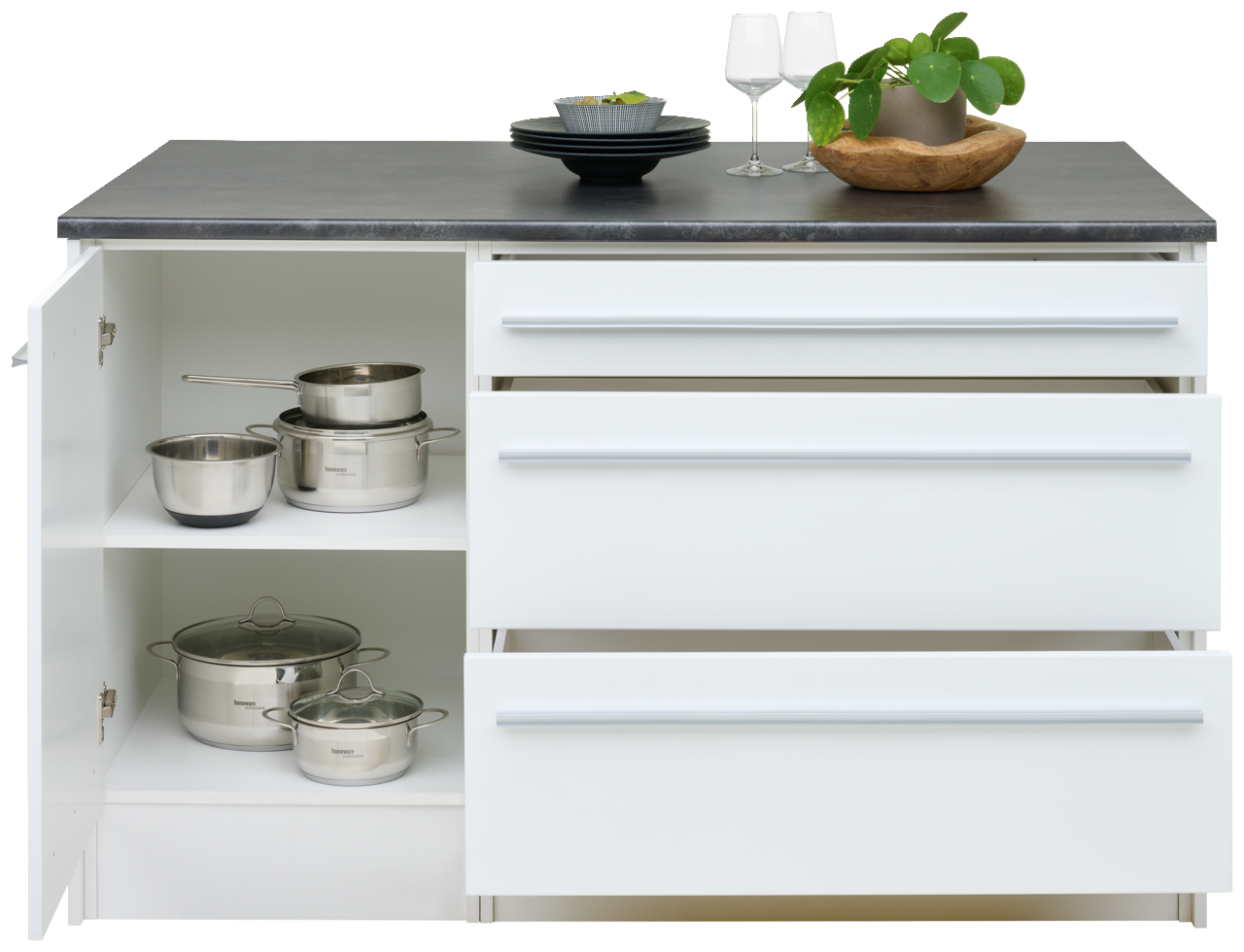 Kücheninsel mit weißem Korpus und dunkler Arbeitsplatte, offene Schubladen und Schranktür, gefüllt mit Töpfen, aus der Frontperspektive.