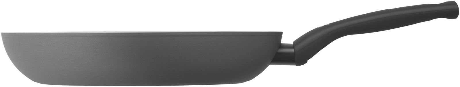 Seitenansicht einer grauen Pfanne mit schwarzem Griff