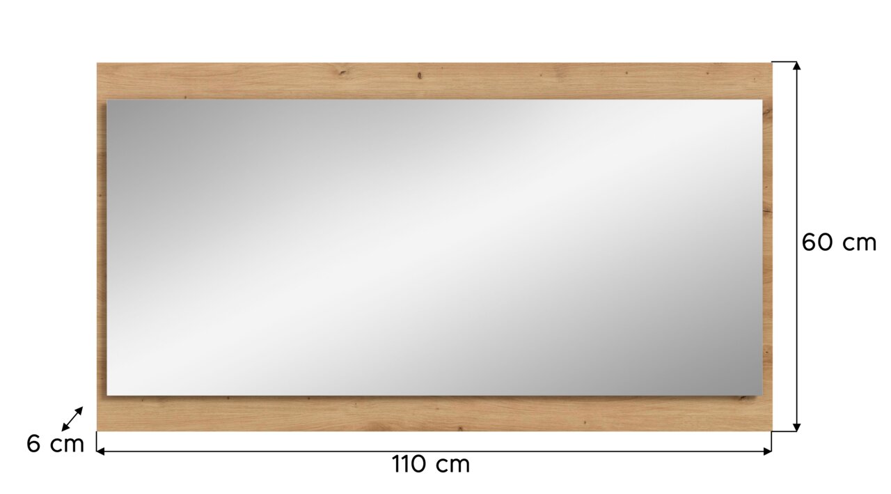 Rechteckiger Wandspiegel mit naturfarbenem Holzrahmen, Gesamtmaß ca. 110 x 60 cm und Rahmenbreite ca. 6 cm, Frontalansicht.