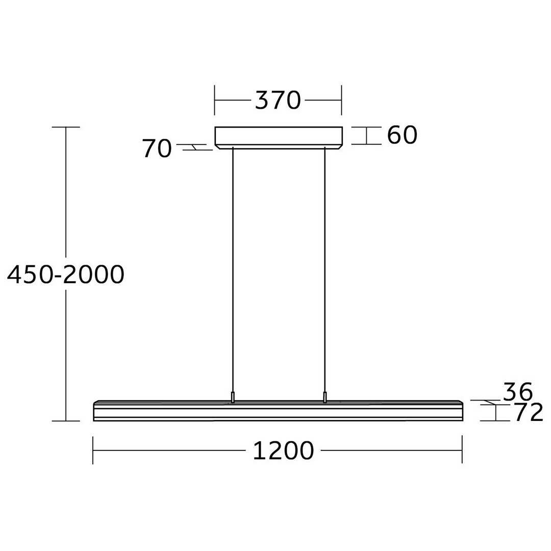 Technische Zeichnung einer LED-Pendelleuchte mit den Maßen 1200 mm Breite und einstellbarer Höhe von 450 bis 2000 mm, seitliche Perspektive.