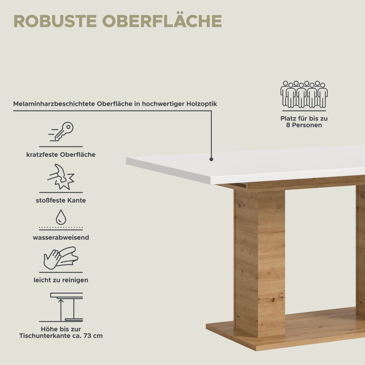 Esstisch mit robuster, melaminharzbeschichteter Oberfläche in Holzoptik, kratzfest, stoßfest, wasserabweisend und leicht zu reinigen, Platz für bis zu 8 Personen, seitliche Perspektive