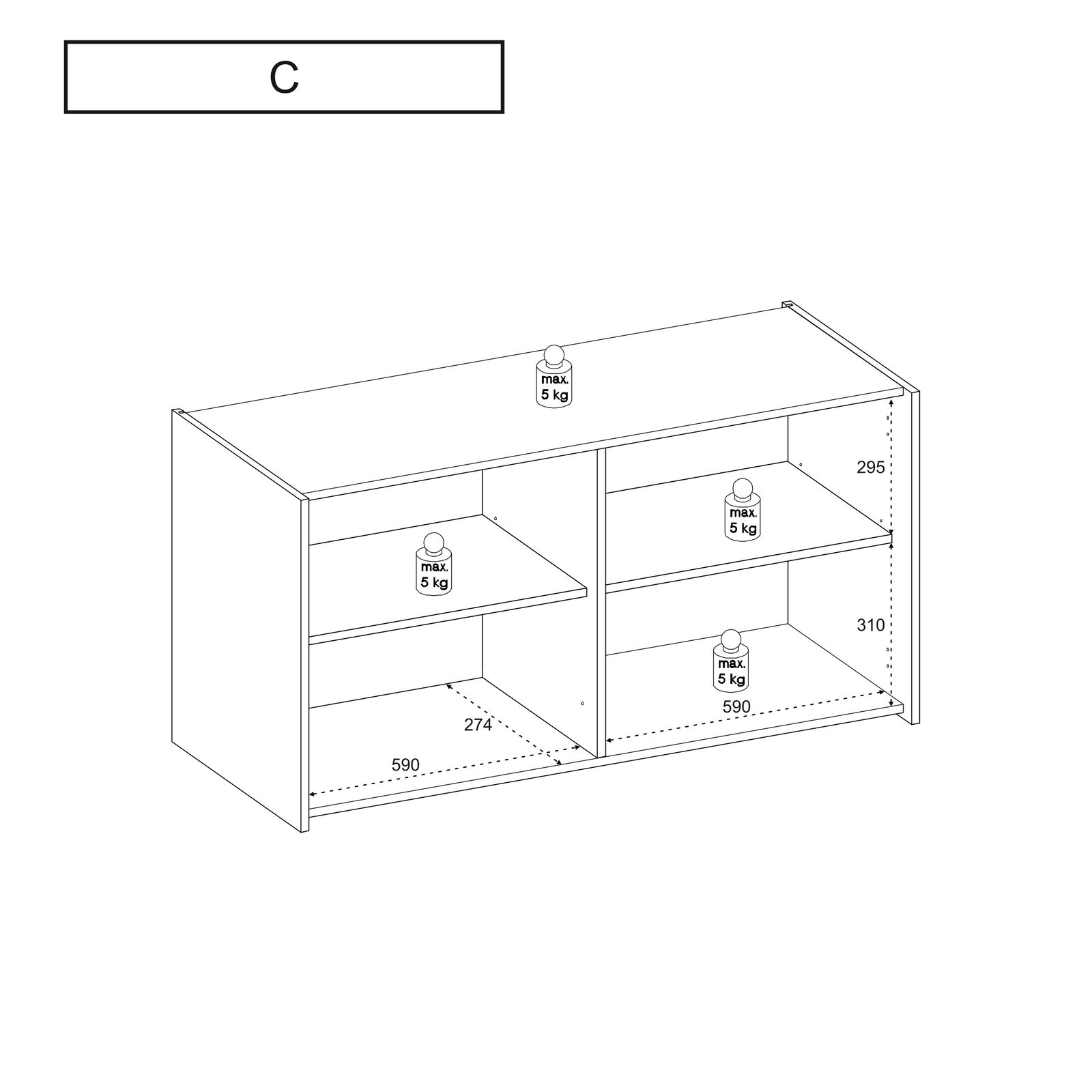 Isometrische Ansicht eines Küchenschranks mit zwei offenen Fächern und Regalböden, die jeweils bis zu 5 kg tragen können.