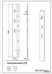 Garderobenpaneel 3728 in Kaschmir, Höhe 170 cm, Breite 15 cm, Tiefe 3 cm, mit drei Haken, Seitenansicht und perspektivische Ansicht.