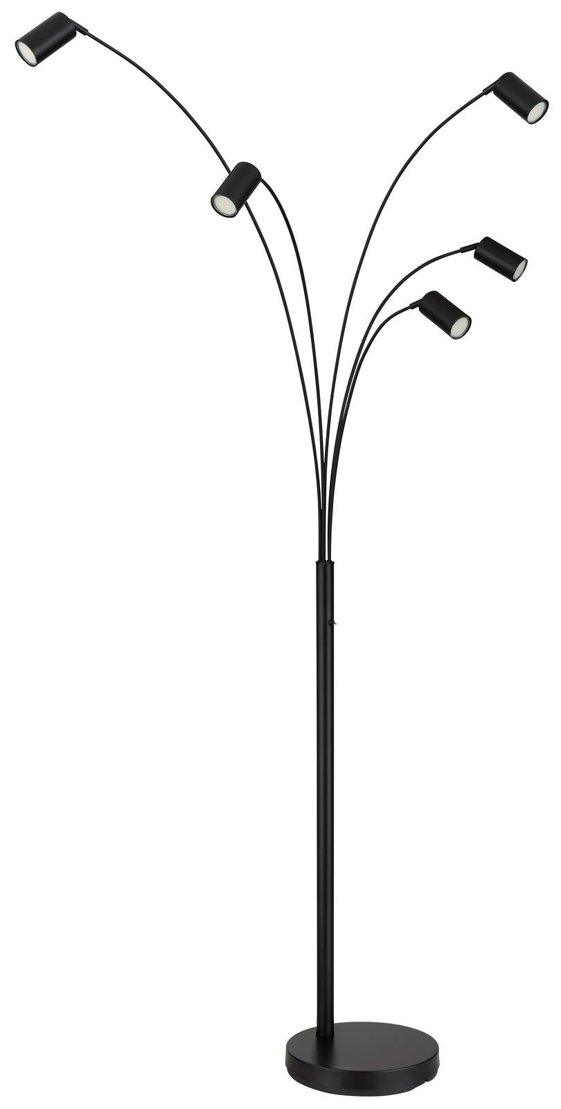Moderne schwarze Stehleuchte mit fünf verstellbaren Armen, seitliche Perspektive