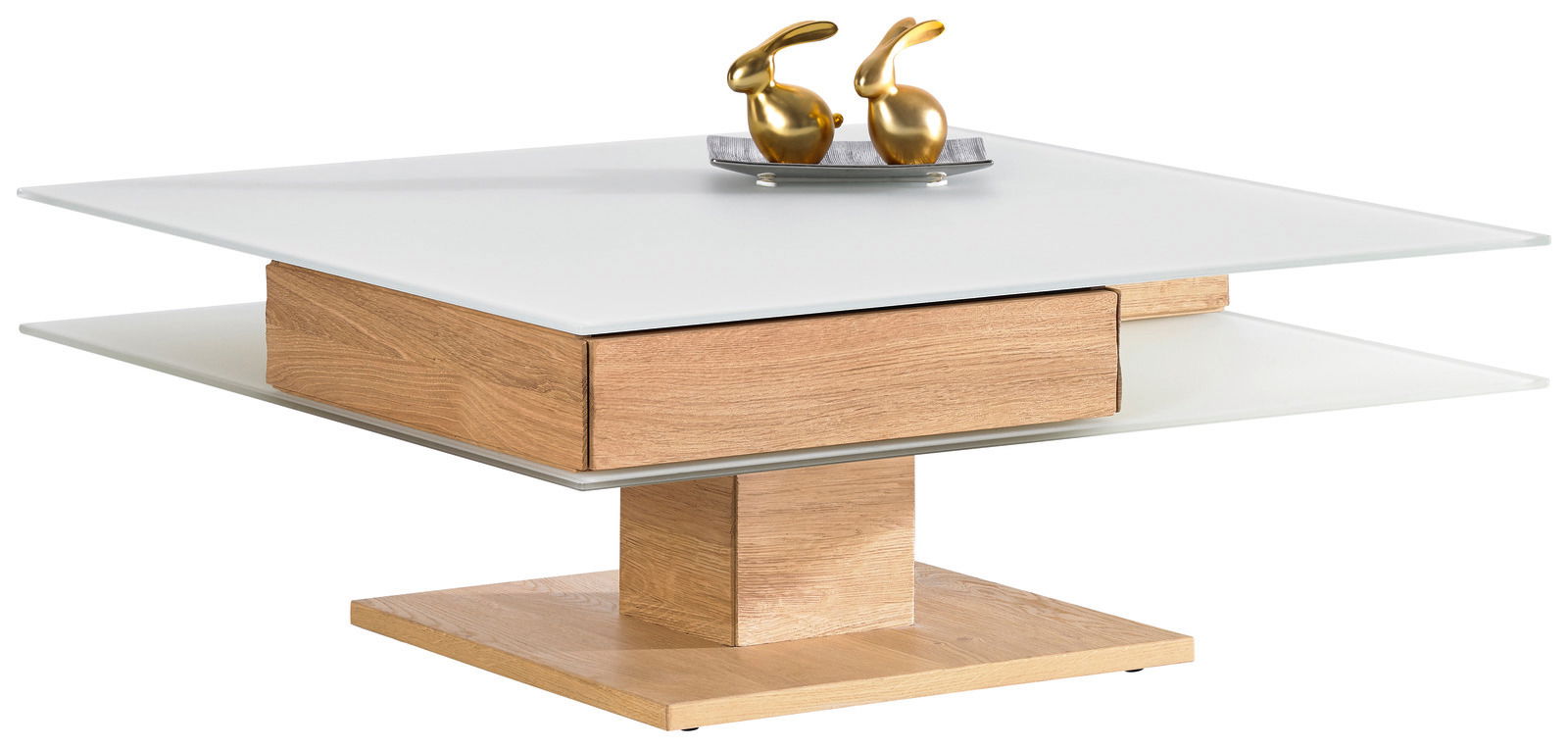 Moderner Couchtisch mit weißer Tischplatte und Holzdetails, seitliche Perspektive