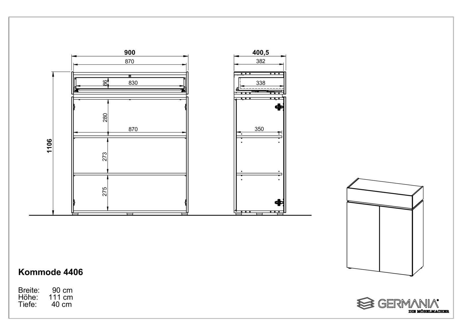 Technische Zeichnung einer Kommode mit den Maßen Breite: 90 cm, Höhe: 111 cm, Tiefe: 40 cm. Frontansicht und Seitenansicht der Kommode.