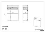 Technische Zeichnung einer Kommode mit den Maßen Breite: 90 cm, Höhe: 111 cm, Tiefe: 40 cm. Frontansicht und Seitenansicht der Kommode.