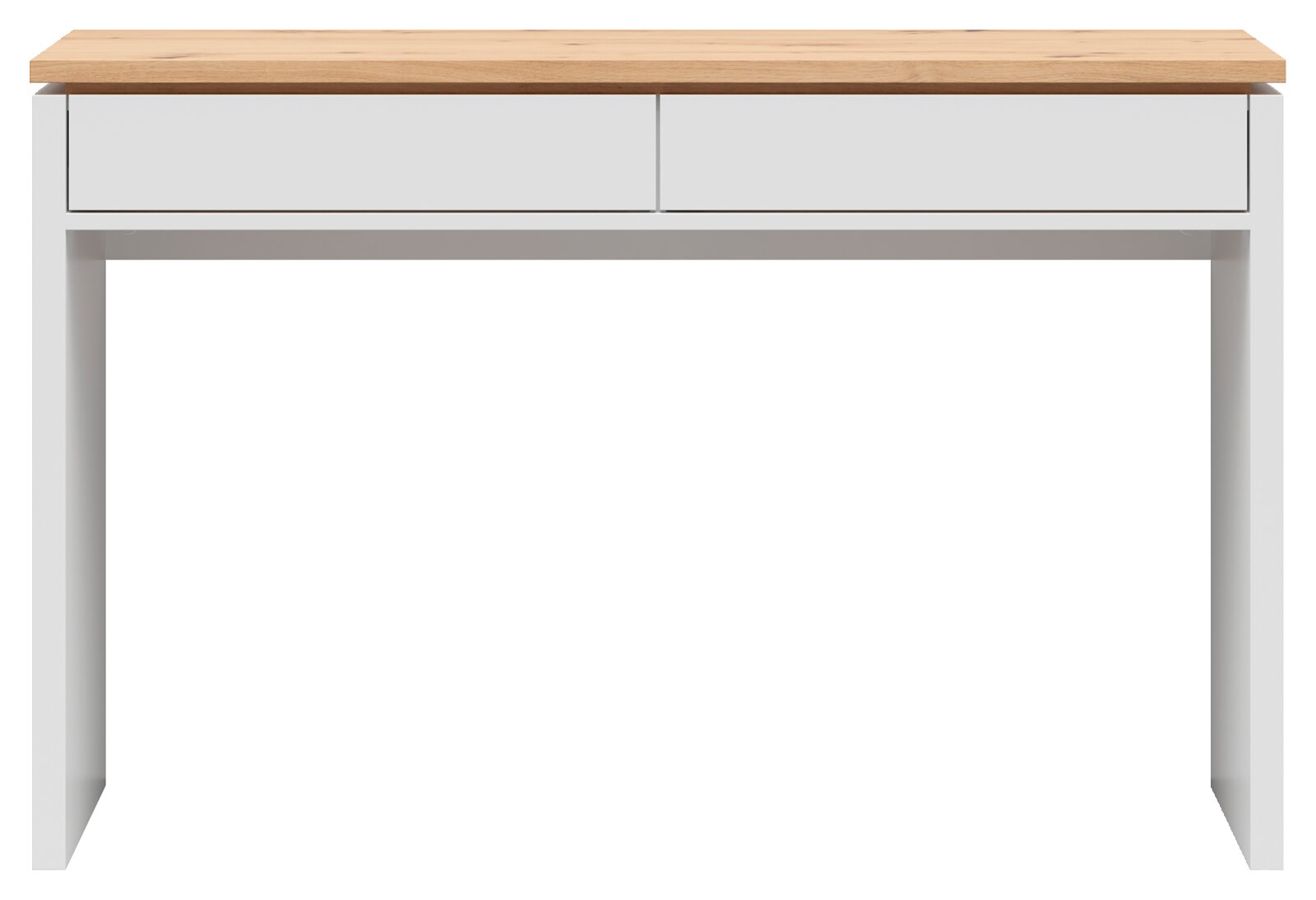 Weißer Schreibtisch mit zwei Schubladen und heller Holzplatte, frontale Ansicht von vorne.