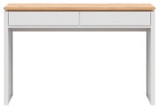 Weißer Schreibtisch mit zwei Schubladen und heller Holzplatte, frontale Ansicht von vorne.