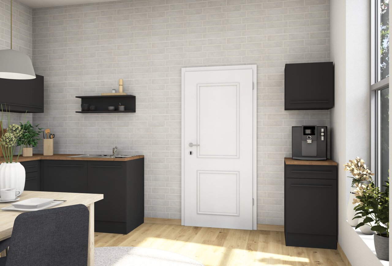 Yourkitchen Unterschrank JAZZ Moderne Küche mit schwarzem Unterschrank, Holzarbeitsplatte und Blick auf eine weiße Tür.