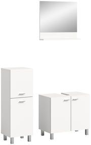 Moderne Badkombination BOSTON in Weiß mit Spiegel und zwei Schränken, frontal betrachtet.