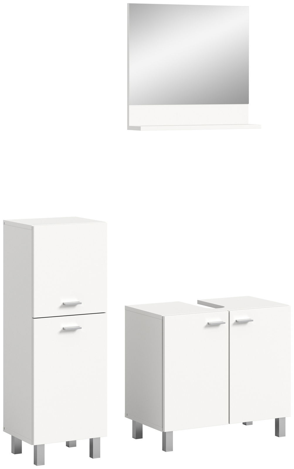 Moderne Badkombination BOSTON in Weiß mit Spiegel und zwei Schränken, frontal betrachtet.
