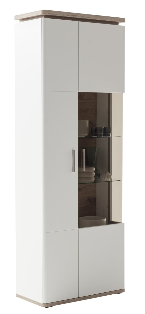 Kombi-Vitrine in Weiß mit Holzdetails, seitliche Perspektive