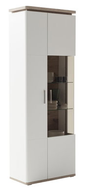 Combinatievitrine in wit met houten details, zijaanzicht